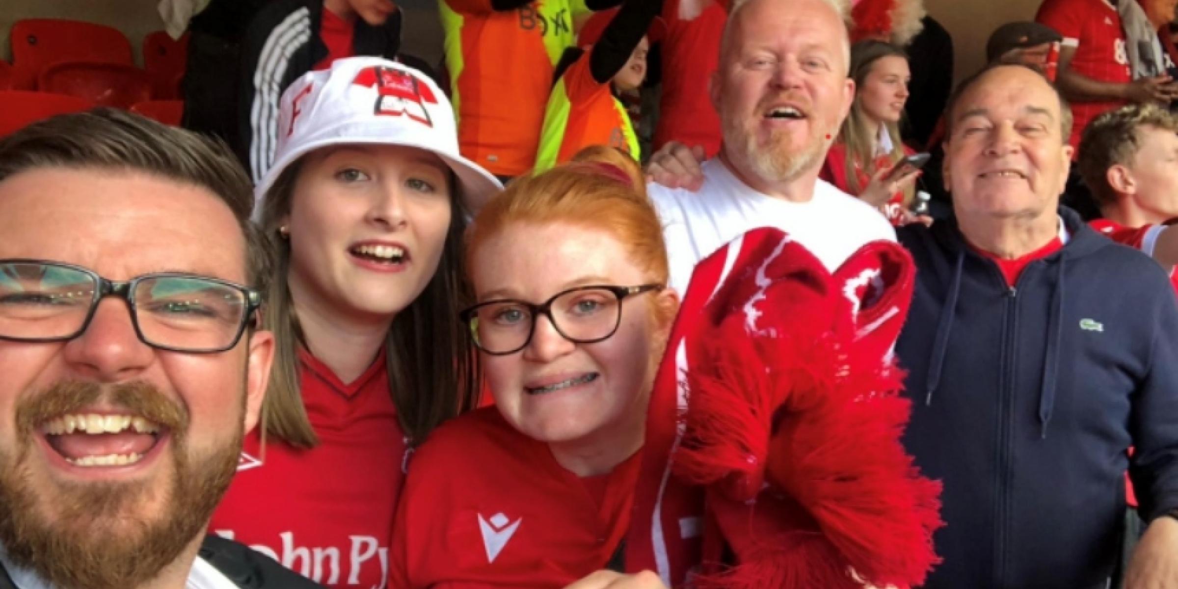 Paul and his family at Wembley wearing Nottingham Forrest kits