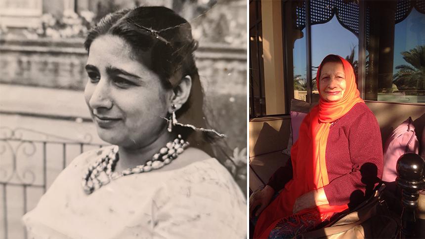 An old black and white photo of Bano next to a colour photo of Bano wearing orange and maroon