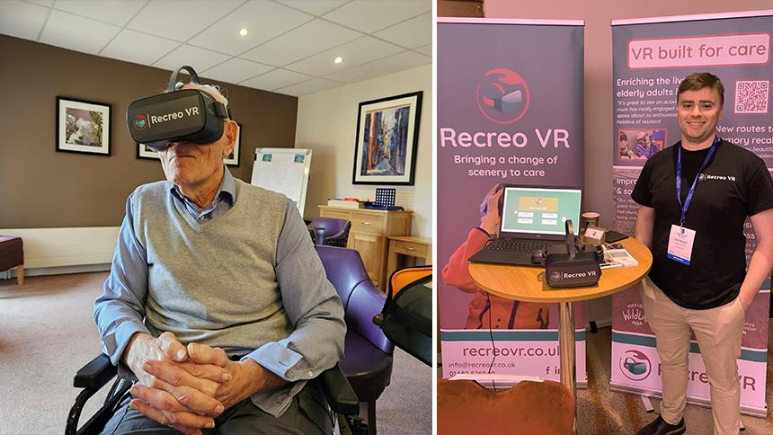 Left: a man uses a Recreo VR hedset, right: one of the founders of Recreo VR