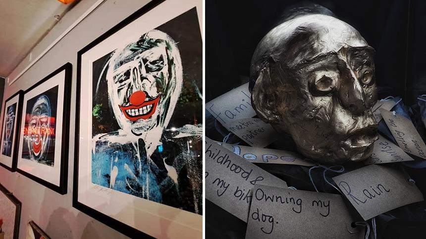 Neil Eckersley's artwork: his paintings, left, and his head sculpture, right.