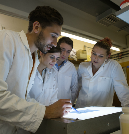 Four researchers in white lab coats looking at a screen