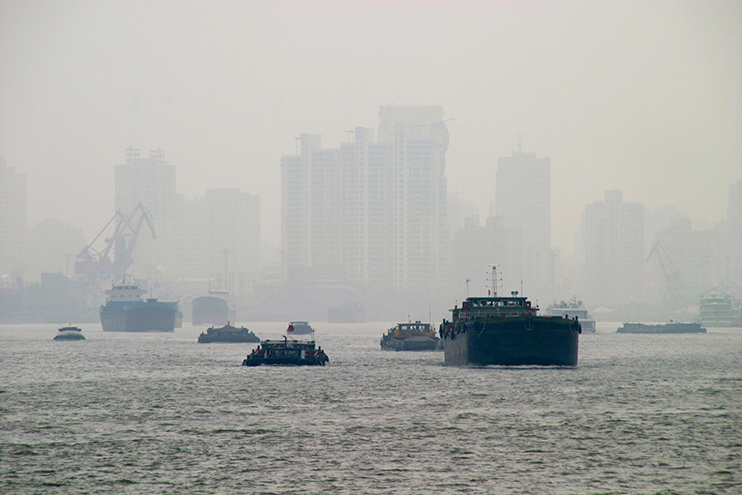 A foggy, polluted city skyline