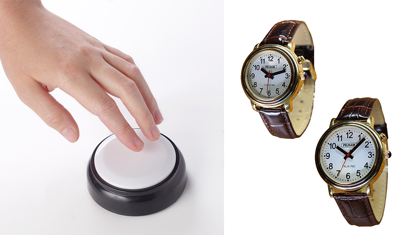 A button and watch that speak the time