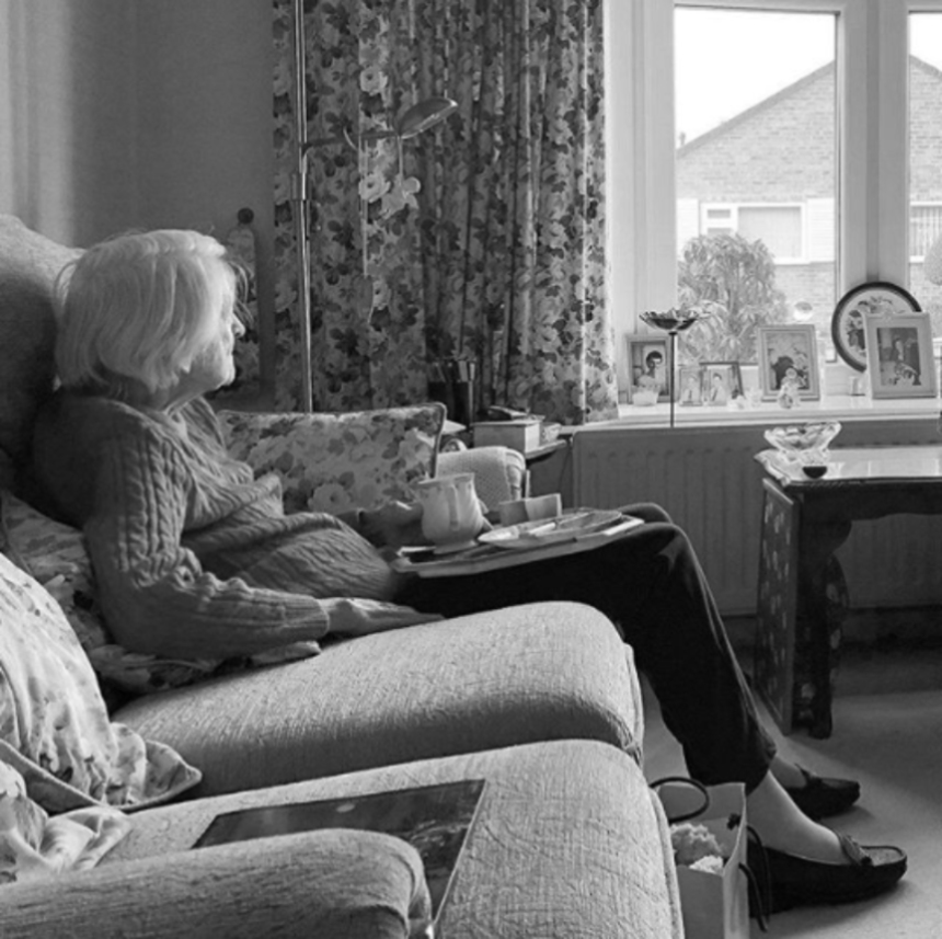 Martin's mother with a tea tray on her lap