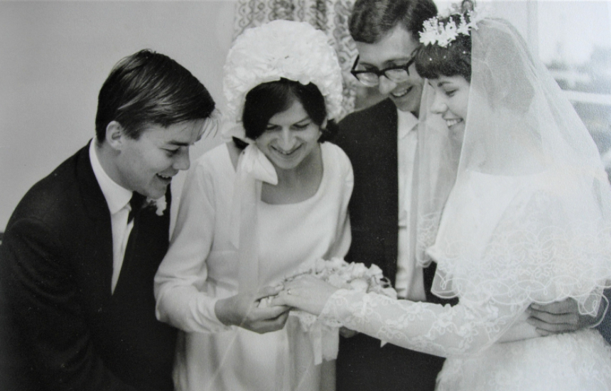 Sheila & Tony's wedding 9 July 1966, with Best Man & Bridesmaid admiring ring