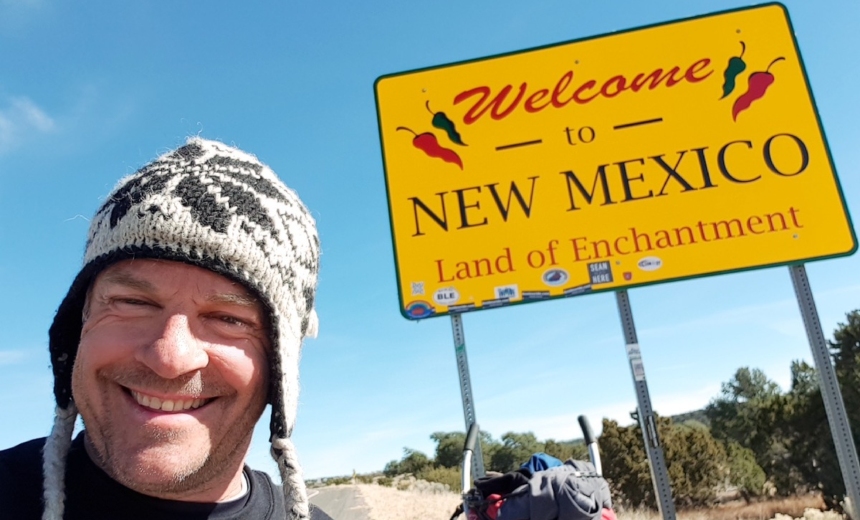 Tom at the Arizona New Mexico border