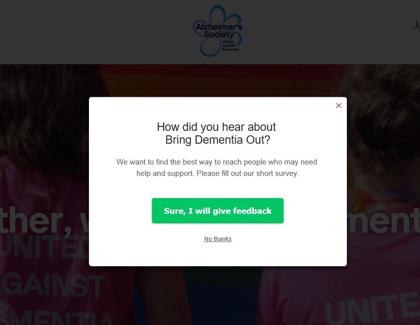 Bring Dementia Out website intercept feedback prompt.