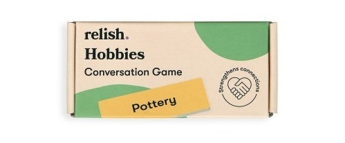 A box of conversation starters with label reading 'Hobbies conversation game'