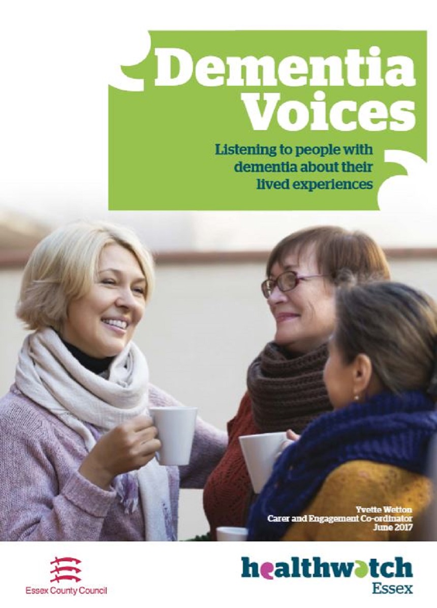 Image shows cover of the Dementia Voices Report, Essex.
