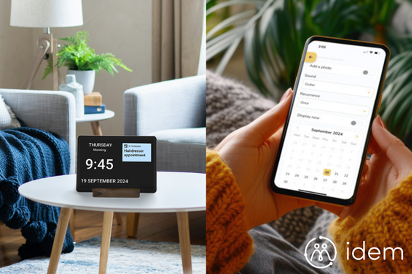 Two views of a smart clock device showing time and calendar