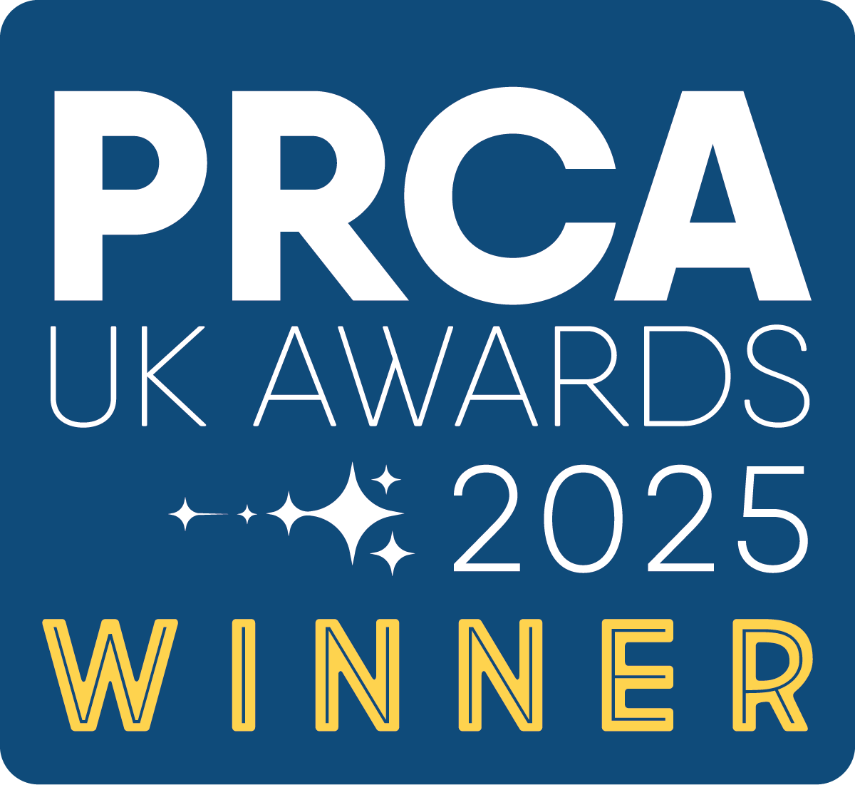 White and yellow wording on a deep blue background readingPRCA UK Awards 2025 winner