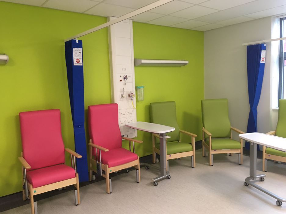Shrewsbury hospital seating in bright contrasting colours