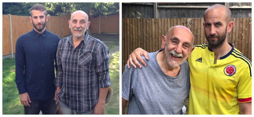 Armen in two pictures with one of his adults sons, smiling