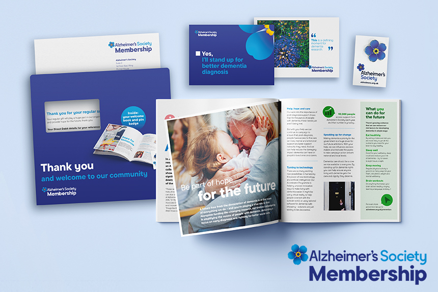 A picture of membership collateral such as a magazine, letter and an envelope