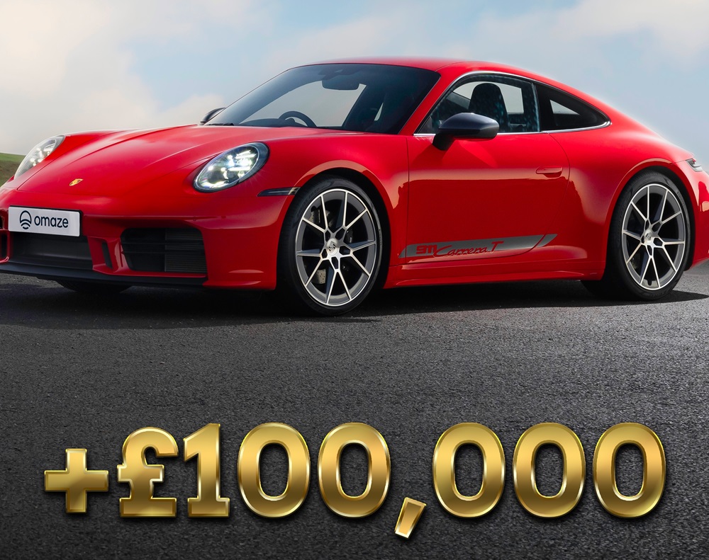 A red Porsche car and +£100,000 in gold text
