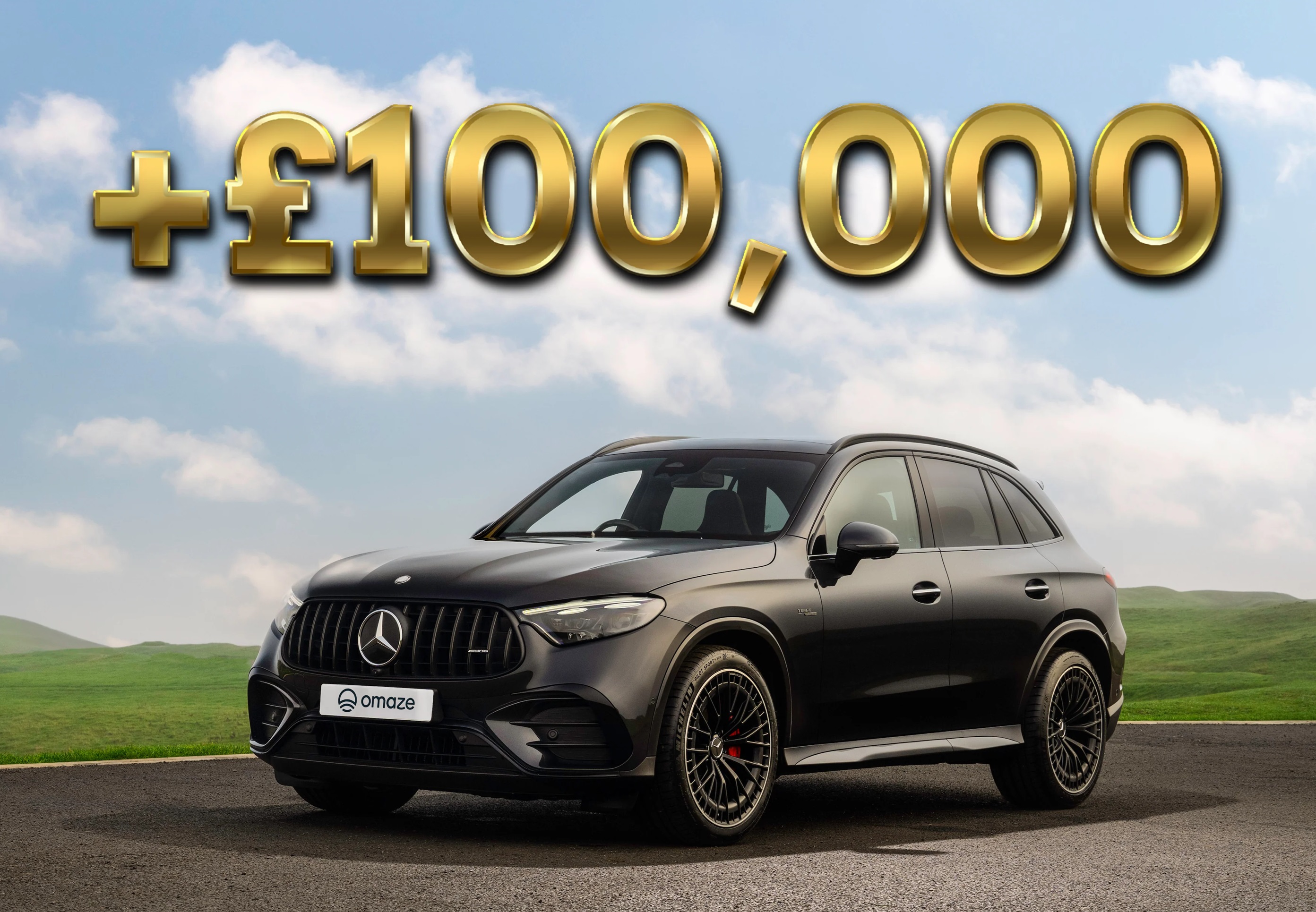 A black Mercedes GLC AMG with £100,000 written above it in gold
