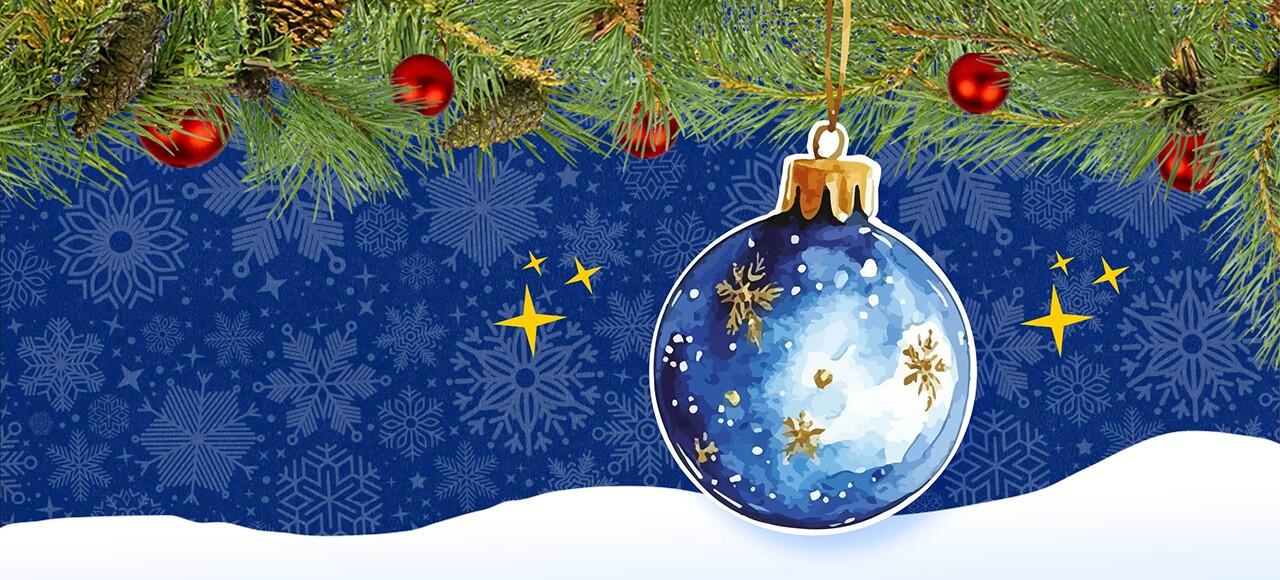 Illustration of a Christmas bauble, hanging from a tree branch.