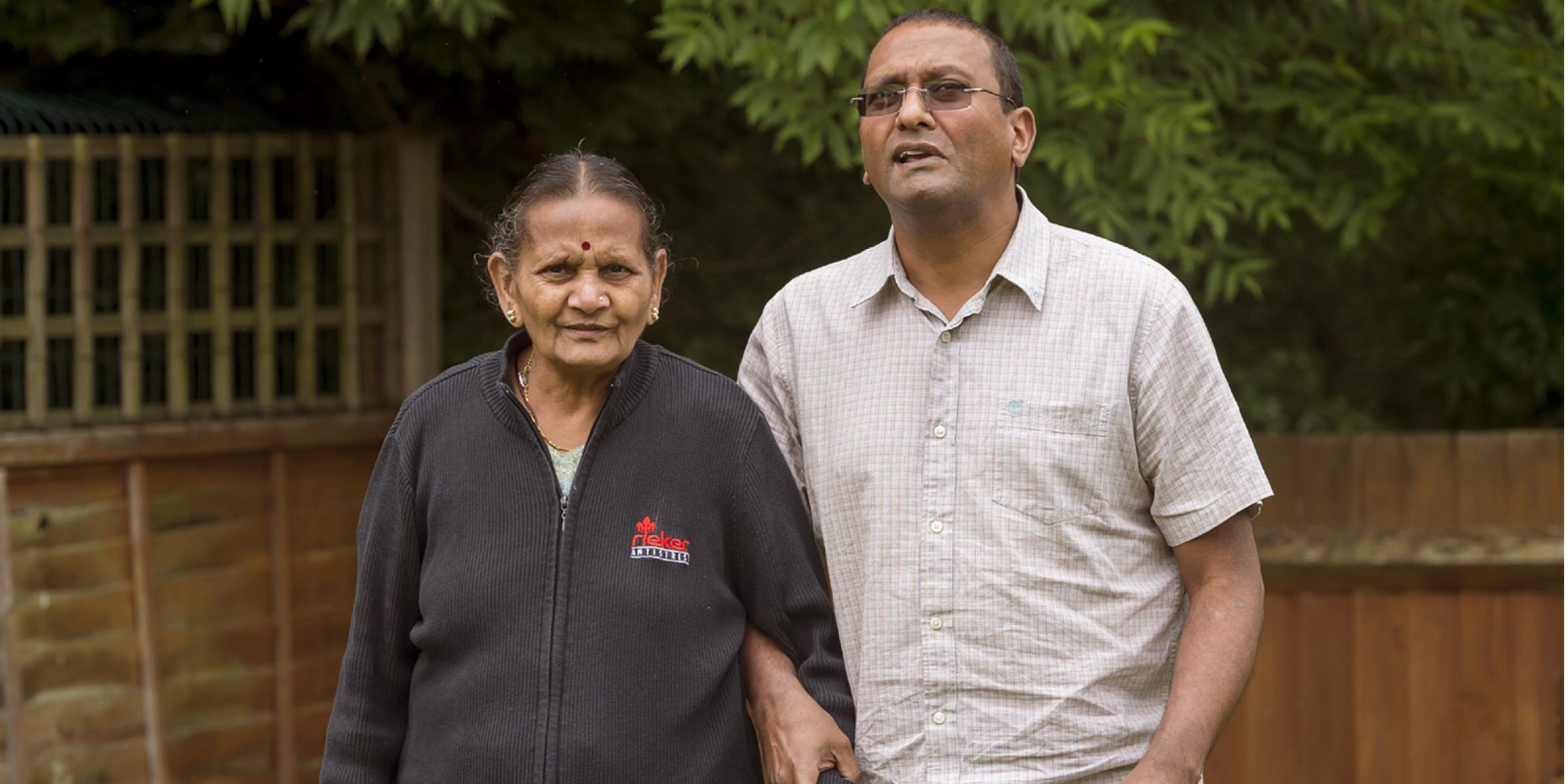 Hanish Shah in the garden with his mother Kanta.