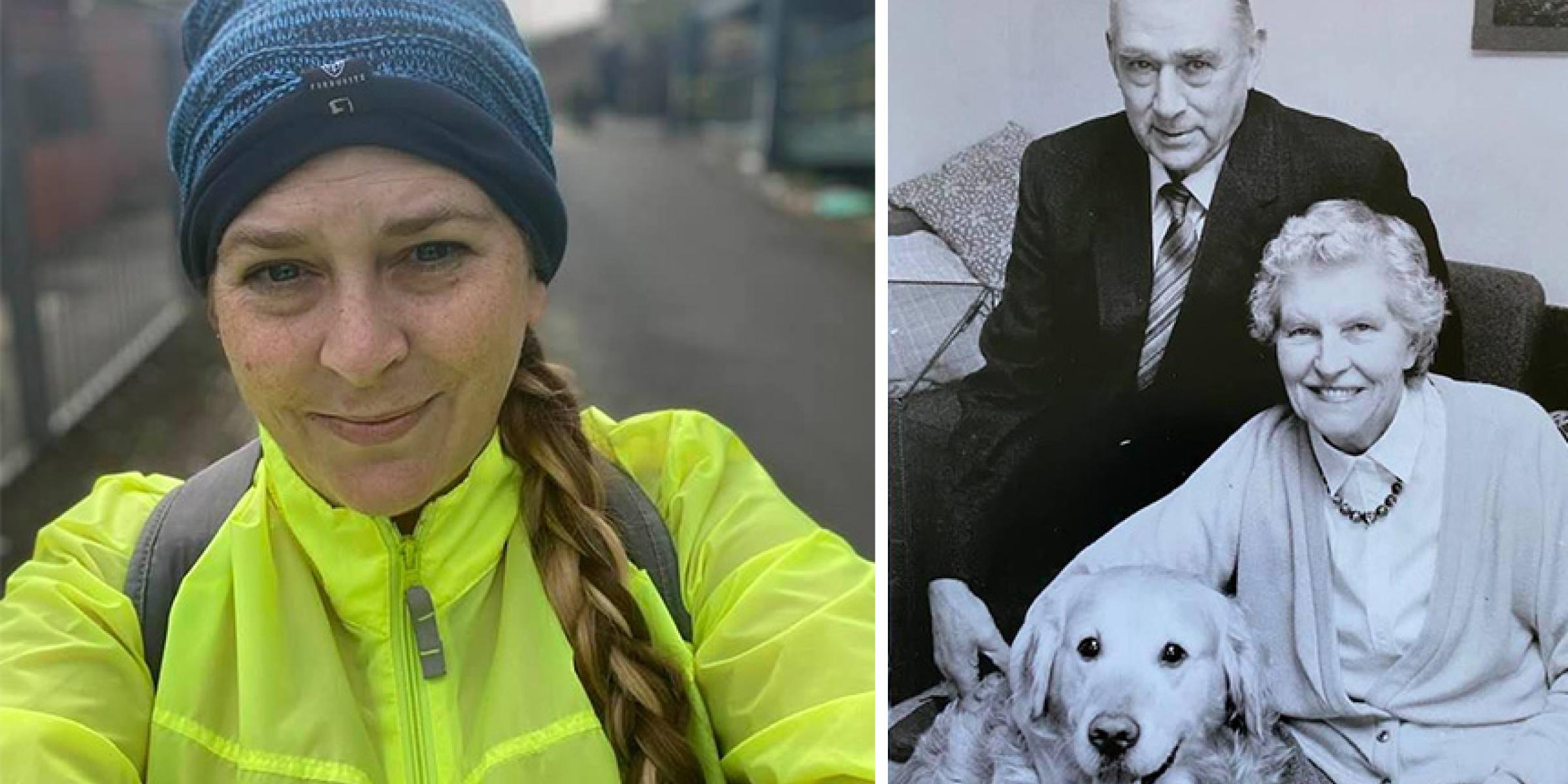 Melissa Young training for the Great North Run (left) and Melissa's nan with husband and dog (right)