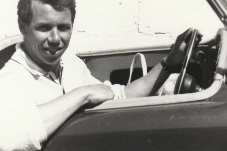 An old picture of Robert Davis in a Twin Cam Sports Car
