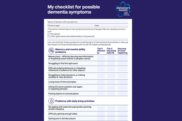 Preview image of a dementia symptoms checklist