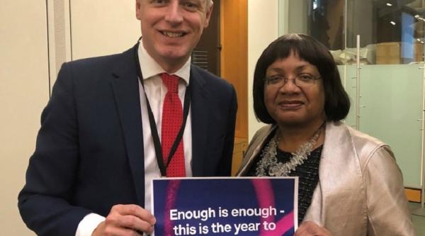 Luke Pollard and Diane Abbott holding a Fix Dementia Care poster