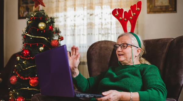 Wearing reindeer headgear while on a video call