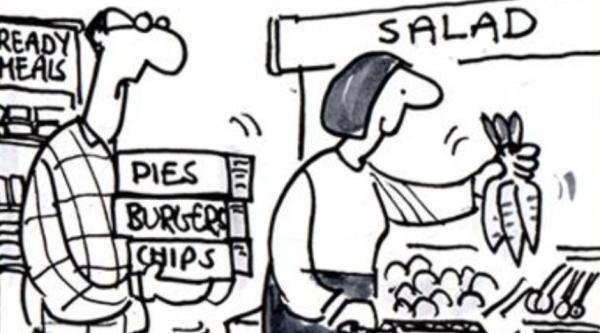 A cartoon of a couple in a supermarket with the woman holding carrots and the man holding ready meals