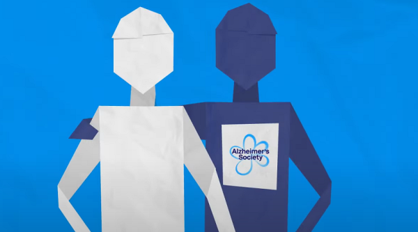 An illustration of a person representing Alzheimer's Society with their arm around another person