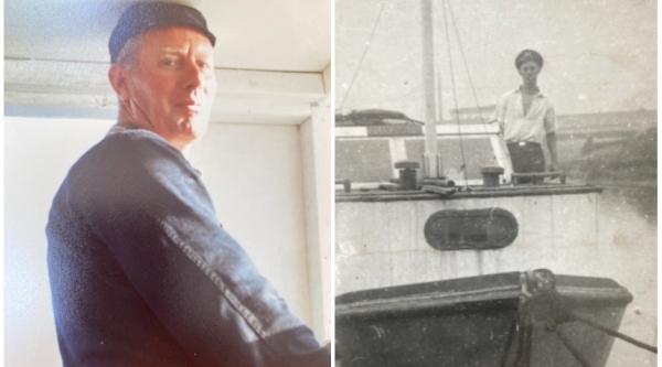 Two photos of Rodger on his boat. One older photo in black and white, and another more recent picture.