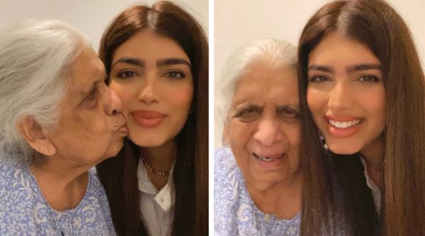 Two pictures of Varda next to her granddaughter Shree, one where she is kissing Shree's cheek and another where they're smiling together