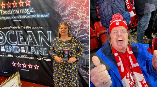 Lorraine Dallow stands in front of a large theatre banner (left) and holds her thumbs up whilst cheering at a football match (right).