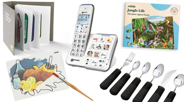 Some examples of helpful everyday products including easygrip cutlery, Aquapaints, and an accessible telephone