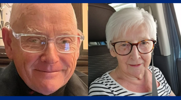 A photo of a bald man with white glasses and a photo of a woman with white hair, brown glasses and stripy top