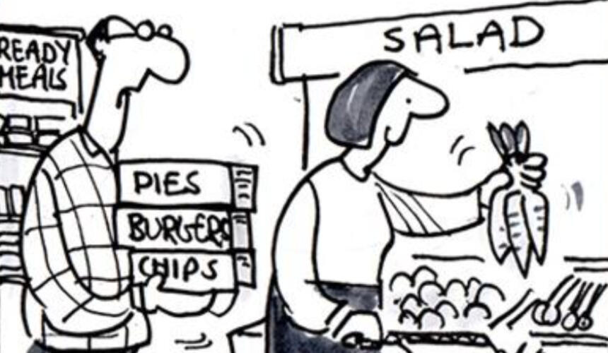 A cartoon of a couple in a supermarket with the woman holding carrots and the man holding ready meals