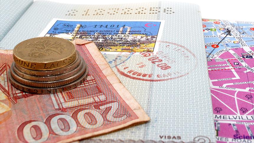 Travel money, passport and map