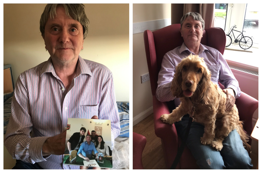 Two pictures of Jess's dad - one holding a photograph of him with his children, and another with Jess's dog, Elsie