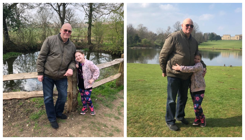Two pictures of Brian with his granddaughter, Amy, enjoying a day outside