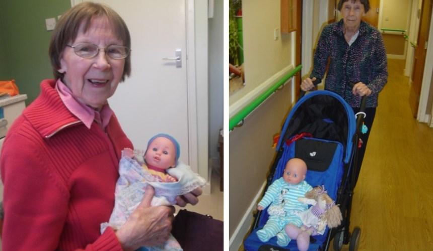 Two photos with Sue's mum, holding her child doll and pushing a pushchair