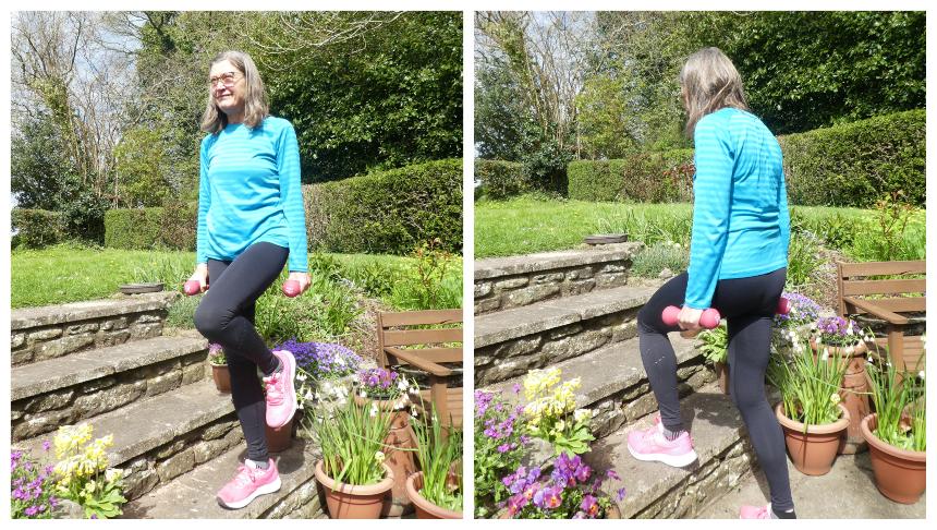 Jane demonstrating step-ups on some outdoor steps