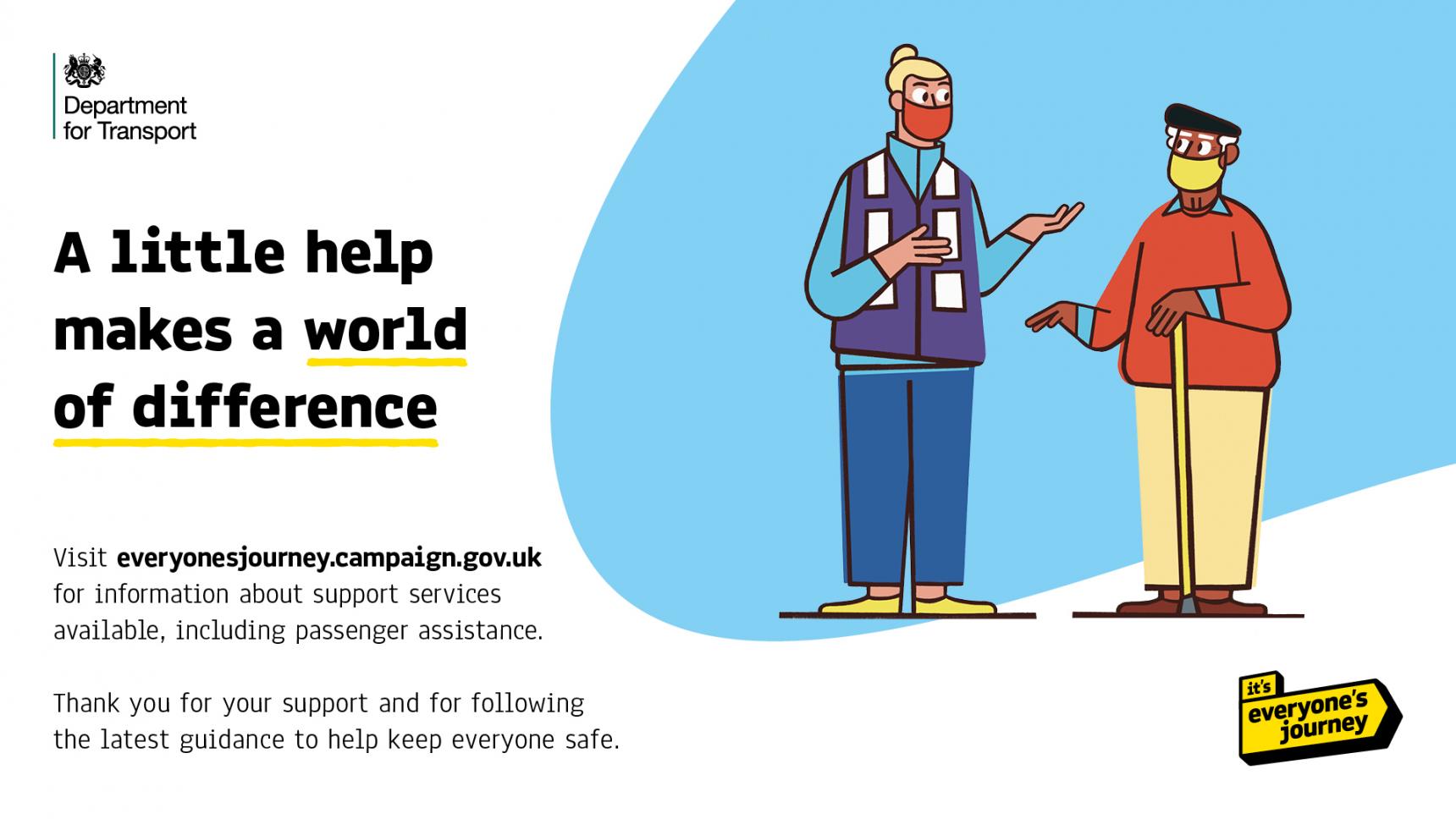 Graphic with the Department for Transport and it’s everyone’s journey logo and the text “A little help makes a world of difference.”