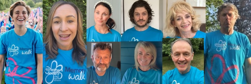 A collage of celebrities taking part in Memory Walk 2021 wearing their T-shirts