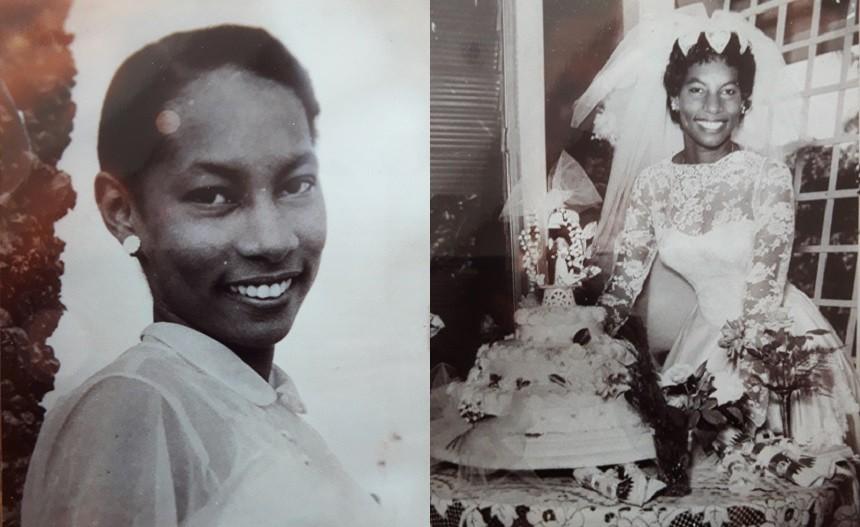 Two black and white photos of Daphne, aged 16 and on her wedding day