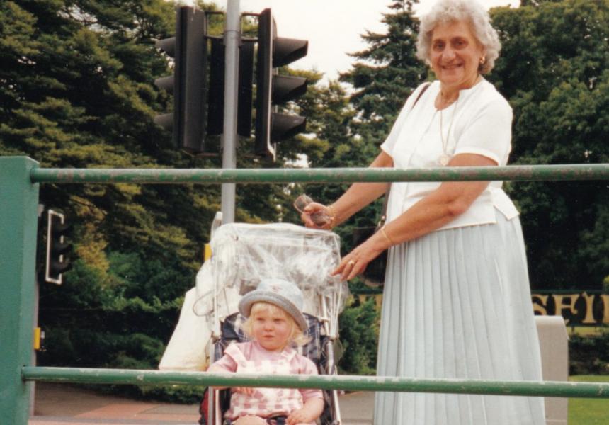 India as a toddler in a pushchair beside her grandmother in August 1998