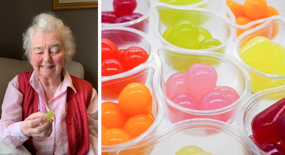 An older woman in a care home smiles as she holds a green Jelly Drop. A second image shows lots of Snackpots with colourful Jelly Drops