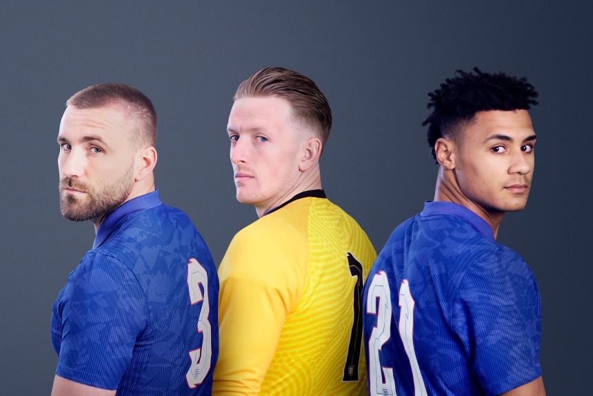England players Luke Shaw, Jordan Pickford and Ollie Watkins, pictured in shirts with no names to raise awareness of dementia