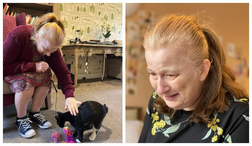Two photos of Yvonne in the care home; smiling and petting a cat