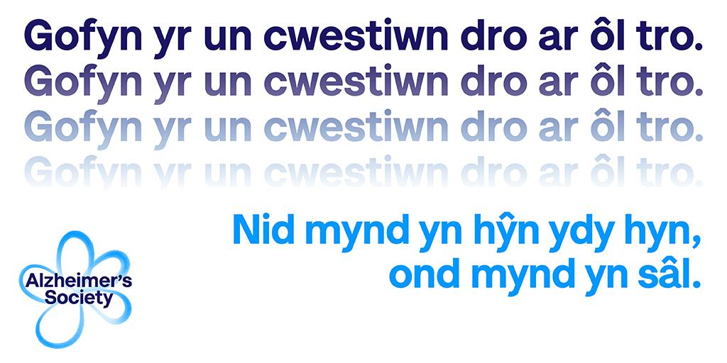 Twitter image for Dementia Action Week 22 campaign in Welsh language. Text reads "Gofyn yr un cwestiwn dro ar ôl tro. Nid mynd yn hŷn, ond mynd yn sâl."