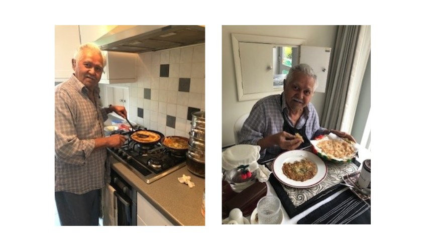 A photo of Afzal cooking in the kitchen next to a photo of Afzal eating what he has made in the dining room