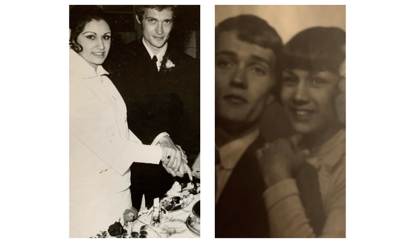 Two photos of Sophia's Granny and Papa when they were younger. One is a photograph of them on their wedding day, the other is a photograph of them smiling and hugging. 